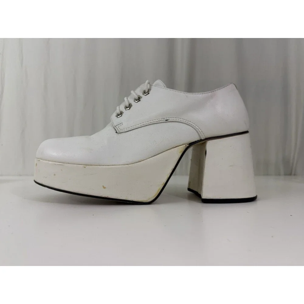 White Patent Men Platform Shoes Dance Party Sz 10-11 Chunky Retro ‘70s Fashion